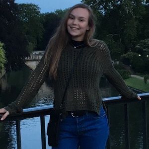 Hollister Crochet Army Green Sweater Hoodie V Neck